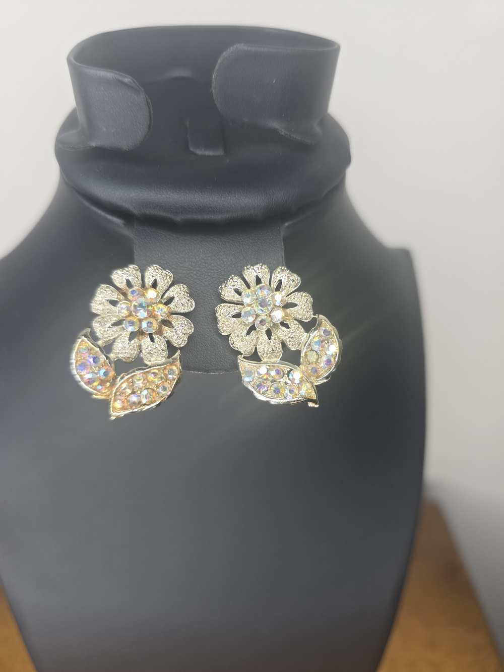 Aurora Borealis Rhinestones Flowers Set In Gold-tone Clip On Earrings
